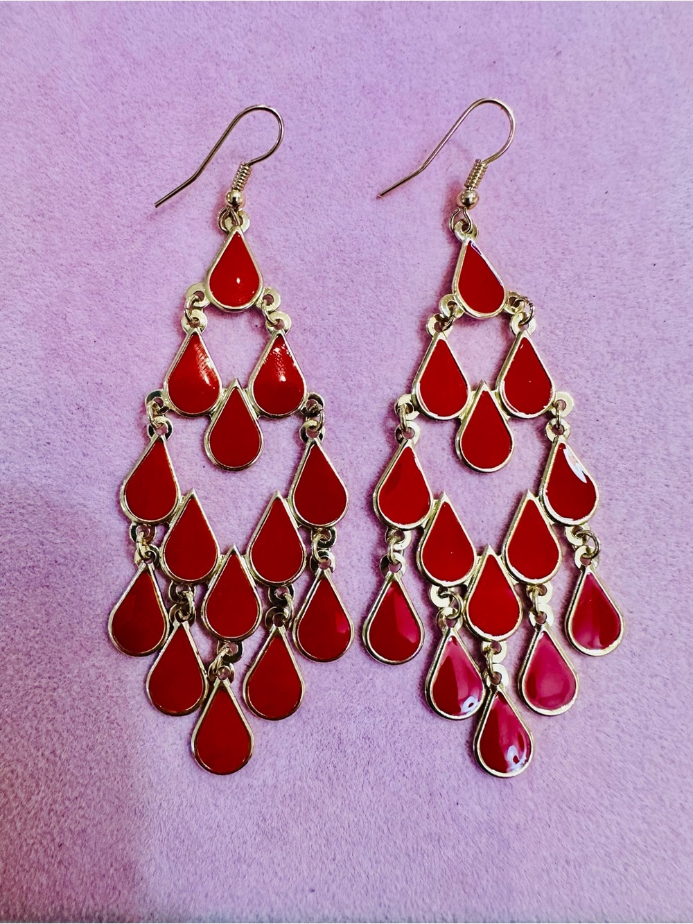 NWT Red Gold Teardrop Chandelier Statement Earrings